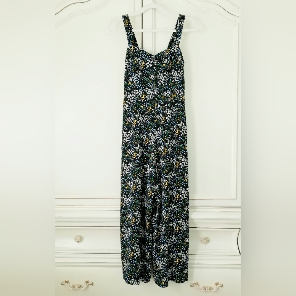 Loft Black Ditsy Floral Sleeveless Smocked Wide Leg Cropped Jumpsuit Small NWOT
